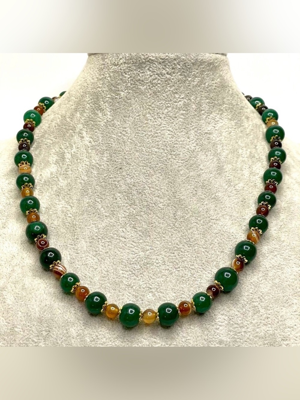 Emerald Green Gemstone Brown Agate Gemstone Beaded Necklace Gold Tone Boho